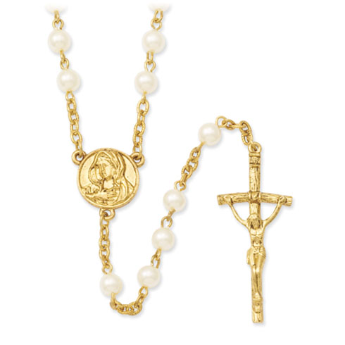 Gold-tone 28in Faux Pearl Papal Crucifix Rosary Necklace