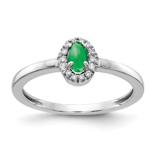 14k White Gold 0.37 ct Oval Cabochon Emerald Diamond Halo Ring