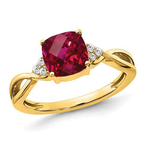 14k Yellow Gold 1.9 ct Checkerboard Created Ruby and Diamond Ring