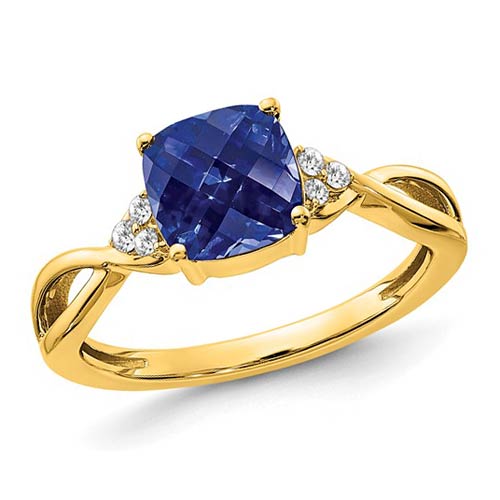 14k Yellow Gold 1.7 ct Checkerboard Created Sapphire and Diamond Ring