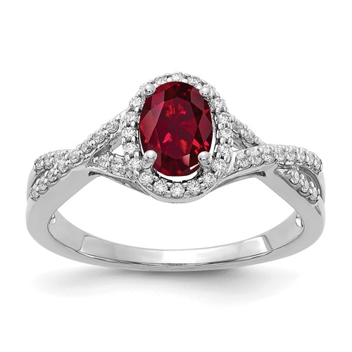 14k White Gold 1 ct Created Ruby Oval Halo Ring with Diamonds