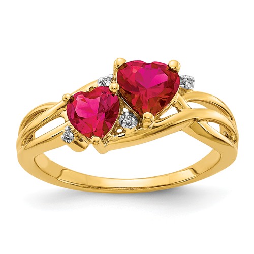 14k Yellow Gold 1.6 ct tw Created Ruby Heart Ring with Diamonds