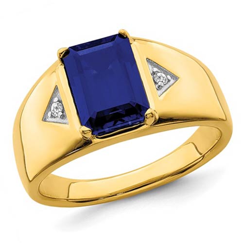 14k Yellow Gold Men's 4 ct Emerald-cut Created Sapphire Diamond Ring