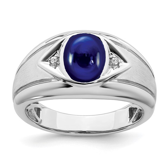 14k White Gold Men's 3.2 ct Oval Created Sapphire Ring With Diamond Accents