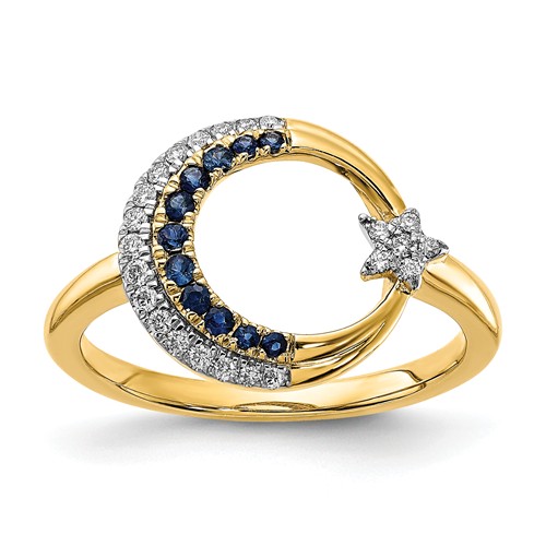 14k Yellow Gold Moon and Star Sapphire Ring with Diamonds