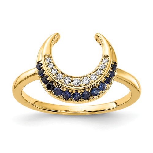 14k Yellow Gold Crescent Moon Sapphire Ring with Diamonds