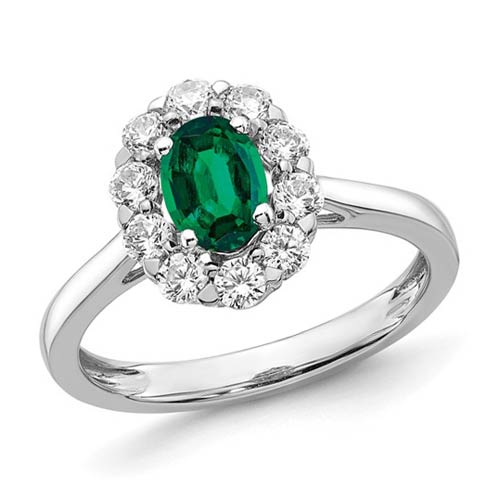 14k White Gold 1 ct Oval Created Emerald Lab Grown Diamond Halo Ring