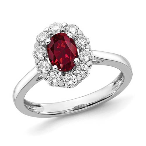 14k White Gold 1 ct Oval Created Ruby and Lab Grown Diamond Halo Ring