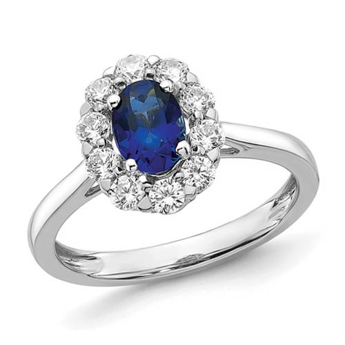 14k White Gold 1 ct Oval Created Sapphire Lab Grown Diamond Halo Ring