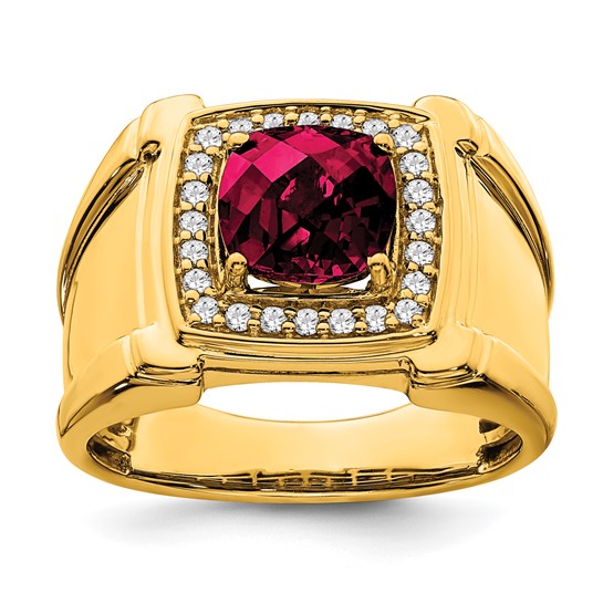 14k Yellow Gold Men's 2.4 ct Created Checkerboard Ruby Ring with Diamonds