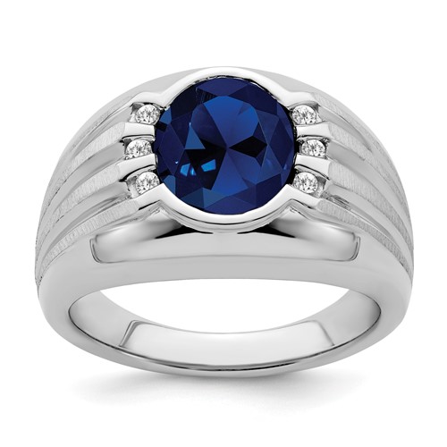 10k White Gold Men's 4 ct Oval Created Bluie Sapphire Ring With Diamond Accents