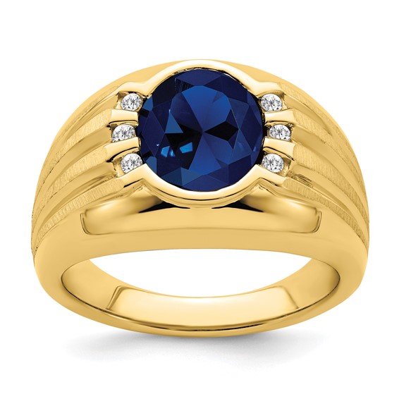 10k Yellow Gold Men's 4 ct Oval Created Blue Sapphire Ring With Diamond Accents
