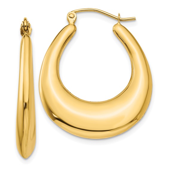 14k Yellow Gold Pinched Oval Hoop Earrings 1in