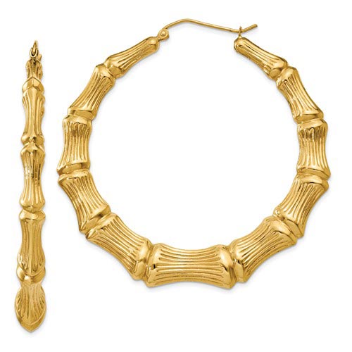 14kt Yellow Gold Bamboo Hoop Earrings 2.25in