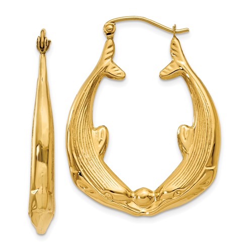 14kt Yellow Gold 1 1/4in Two Dolphins Hoop Earrings