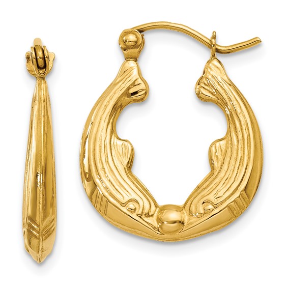 14kt Yellow Gold 5/8in Two Dolphins Hoop Earrings