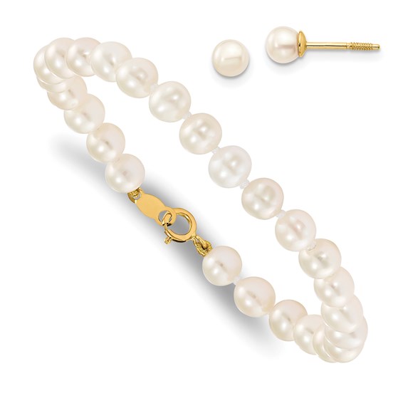 14kt Yellow Gold Girls' Cultured Pearl Bracelet and Screwback Earrings