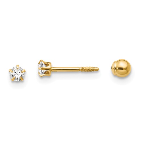 14kt Yellow Gold Kid's Reversible CZ and 3mm Ball Earrings