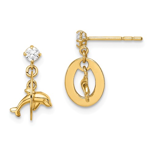 14k Yellow Gold Madi K CZ Oval with Dolphin Dangle Earrings