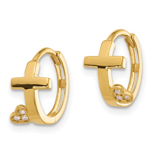 14k Yellow Gold Madi K CZ Cross and Heart Hoop Earrings