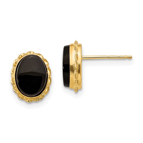 14k Yellow Gold Oval Black Onyx Earrings with Fancy Bezel