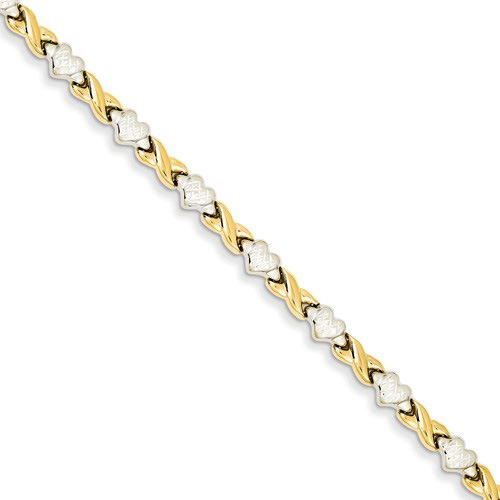 14k Two-tone Gold 7in Heart and X Link Bracelet