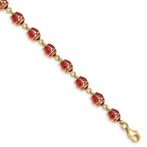 14k Yellow Gold Enameled Ladybug Charm Bracelet 7in