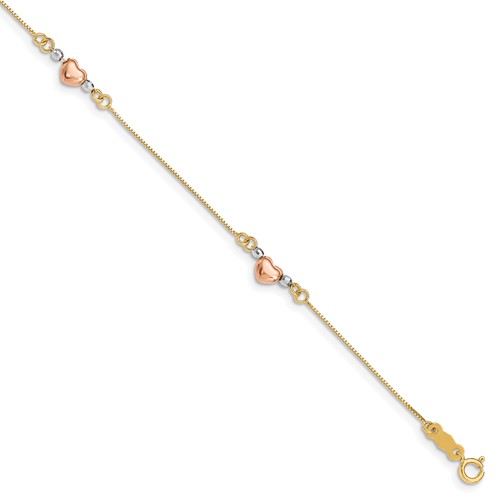 14k Tri-Color Gold Puffed Hearts and Beads Bracelet 7.25in