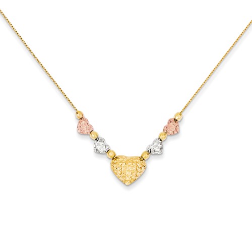 14k Tri-Color Gold Diamond-cut Puffed And Flat Hearts Necklace