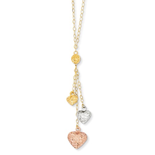 14k Tri-Color Gold Puff Heart Lariat Necklace