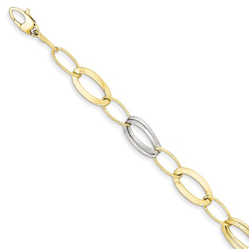 14k Two-tone Gold 7 3/4in Italian Textured Bracelet Long Oval Links