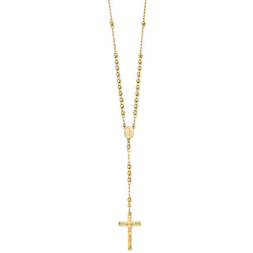 14k Yellow Gold Diamond-cut Rosary Cross Necklace