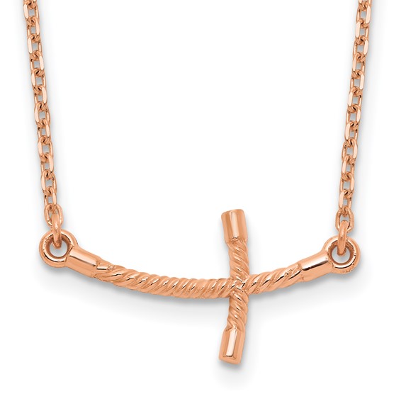 14kt Rose Gold 7/8in Curved Twist Sideways Cross 19in Necklace