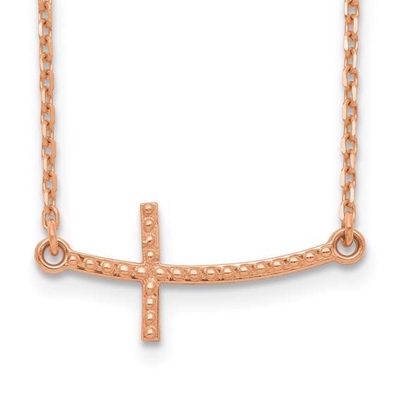14kt Rose Gold 1in Curved Beaded Sideways Cross 19in Necklace