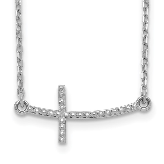 14kt White Gold 1in Curved Beaded Sideways Cross 19in Necklace