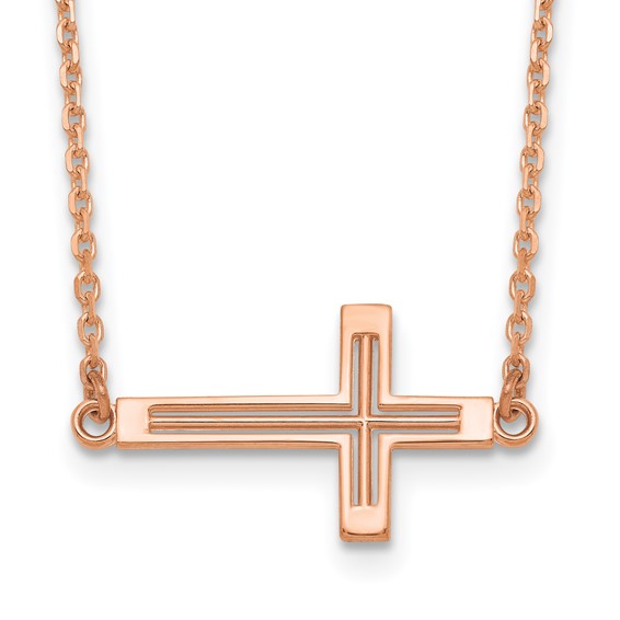 14kt Rose Gold 3/4in Cut-Out Sideways Cross 19in Necklace