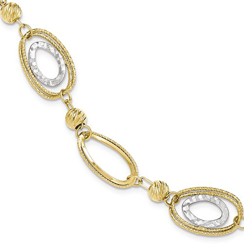14kt Two-tone Gold 7 1/2in Italian Textured Inset Link Bead Bracelet
