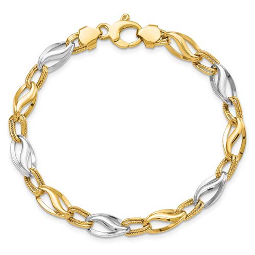 14k Two-tone Gold Italian Bypass Textured Link Bracelet 7 1/2in