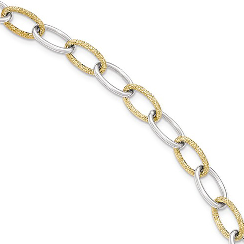 14kt Two-tone Gold 8in Italian Textured Oval Link Bracelet
