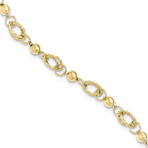 14k Yellow Gold 7 1/2in Italian Textured Link Polished Bead Bracelet
