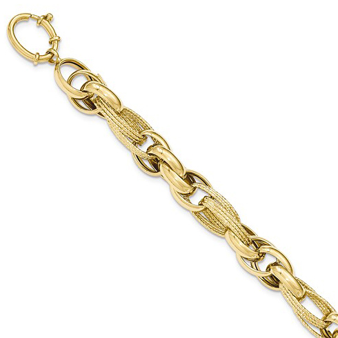 14k Yellow Gold 8in Italian Polished and Textured Oval Link Bracelet