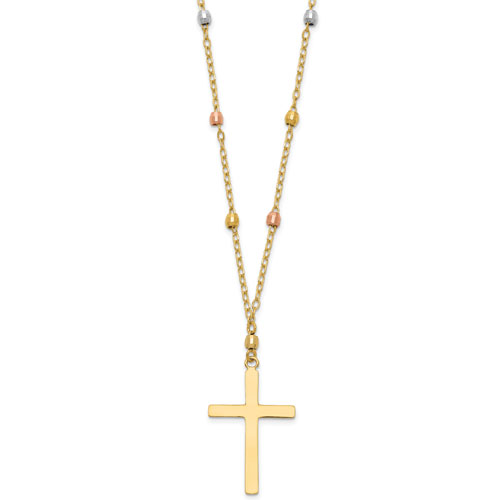 14k Tri-color Gold Diamond Cut Bead Cross Necklace 18in