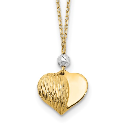 14k Two-tone Gold Diamond-cut Puffed Heart Necklace with Bead Accent