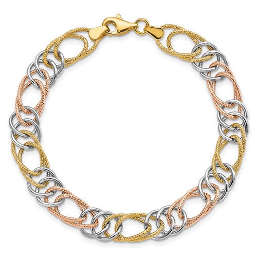 14k TriColor Gold Double Link Bracelet With Polished and Textured