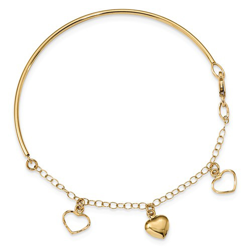 14k Yellow Gold Bangle Bracelet with Dangling Heart Charms 7in