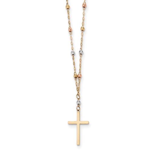 14k Tri-color Gold Diamond Cut Bead Latin Cross Necklace 17in