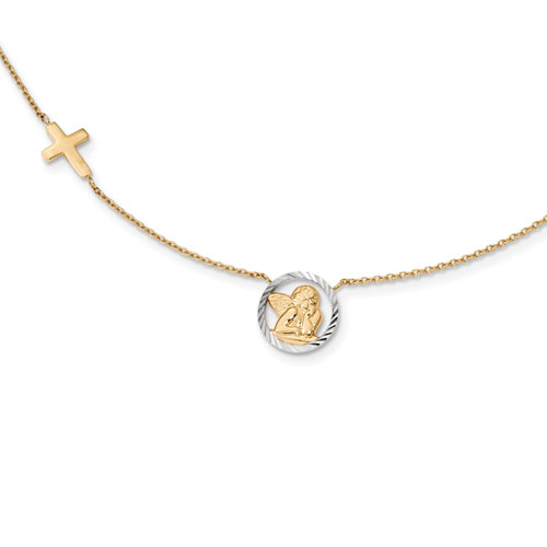 14k Yellow Gold Raphael Angel and Sideways Cross Necklace 17in