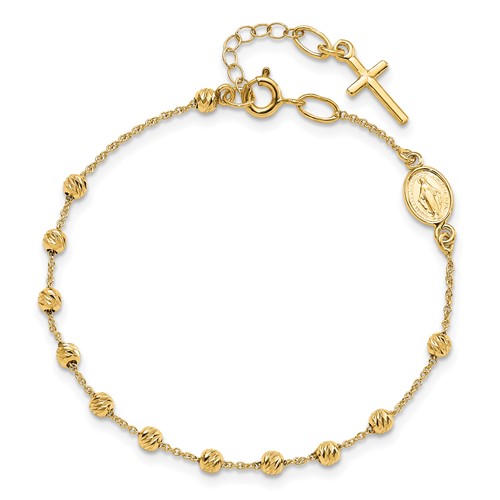 14k Yellow Gold Diamond-cut Cross and Miraculous Medal Bracelet
