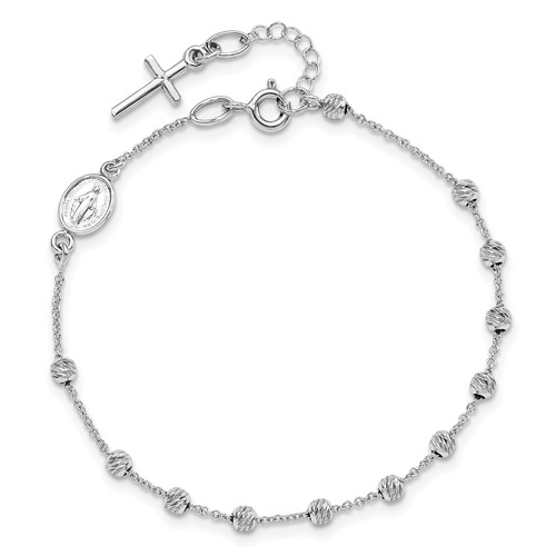 14k White Gold Cross and Miraculous Medal Bead Station Bracelet