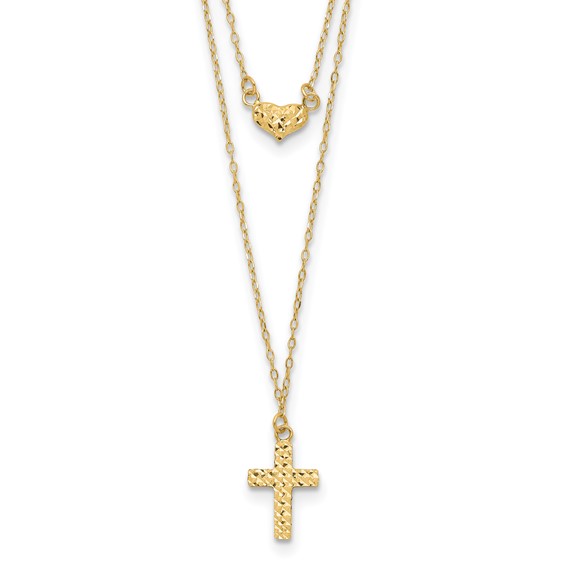 14k Yellow Gold Heart and Cross Necklace with Two Strands